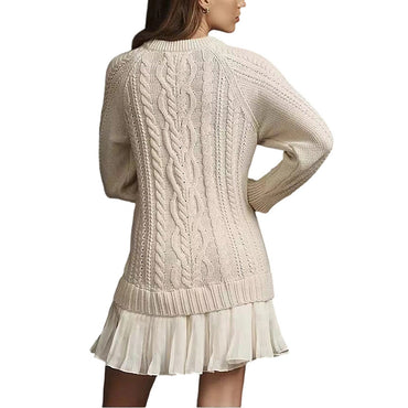 Women's Solid Color Cable Knit Sweater With Lace Hem, Round Neck Long Sleeve Top For Autumn And Winter