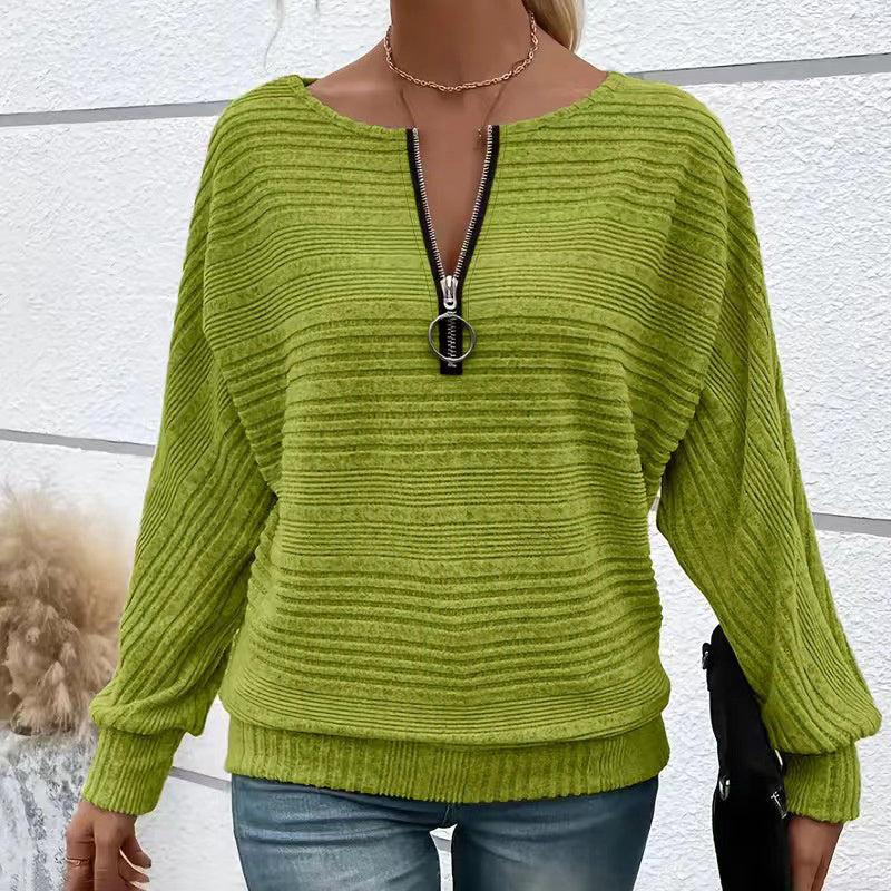 Women's Elegant Batwing Sleeve Half-Zip Top, Ribbed Texture Pullover For Casual To Formal Autumn Winter Wear