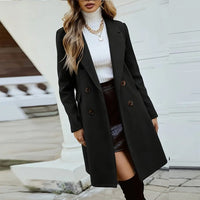 Women's Solid Color Double-Breasted Wool-Like Coat Notch Lapel Long Sleeve Mid-Length Overcoat With Pockets