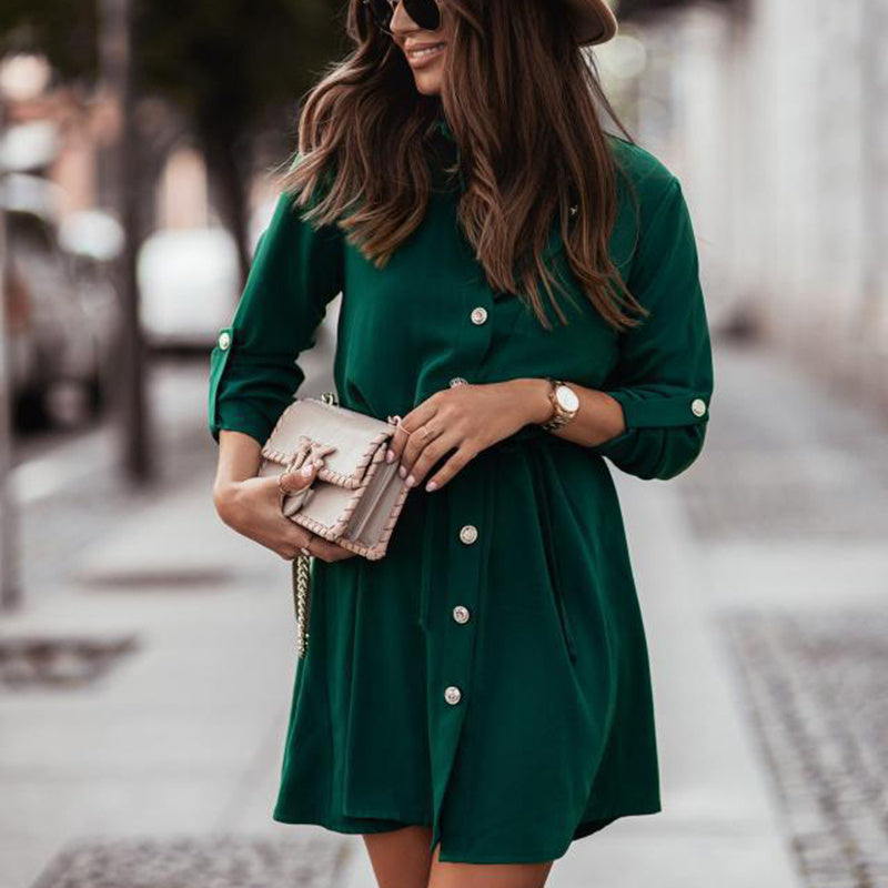 Women's Elegant Lapel Belted Shirt Dress, Long Sleeve Button-Down Tunic With Tie-Waist For Autumn And Winter