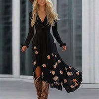 Women's Floral Print V-Neck Maxi Dress, Flowy A-Line Long Sleeve Gown For Vacation And Daily Wear