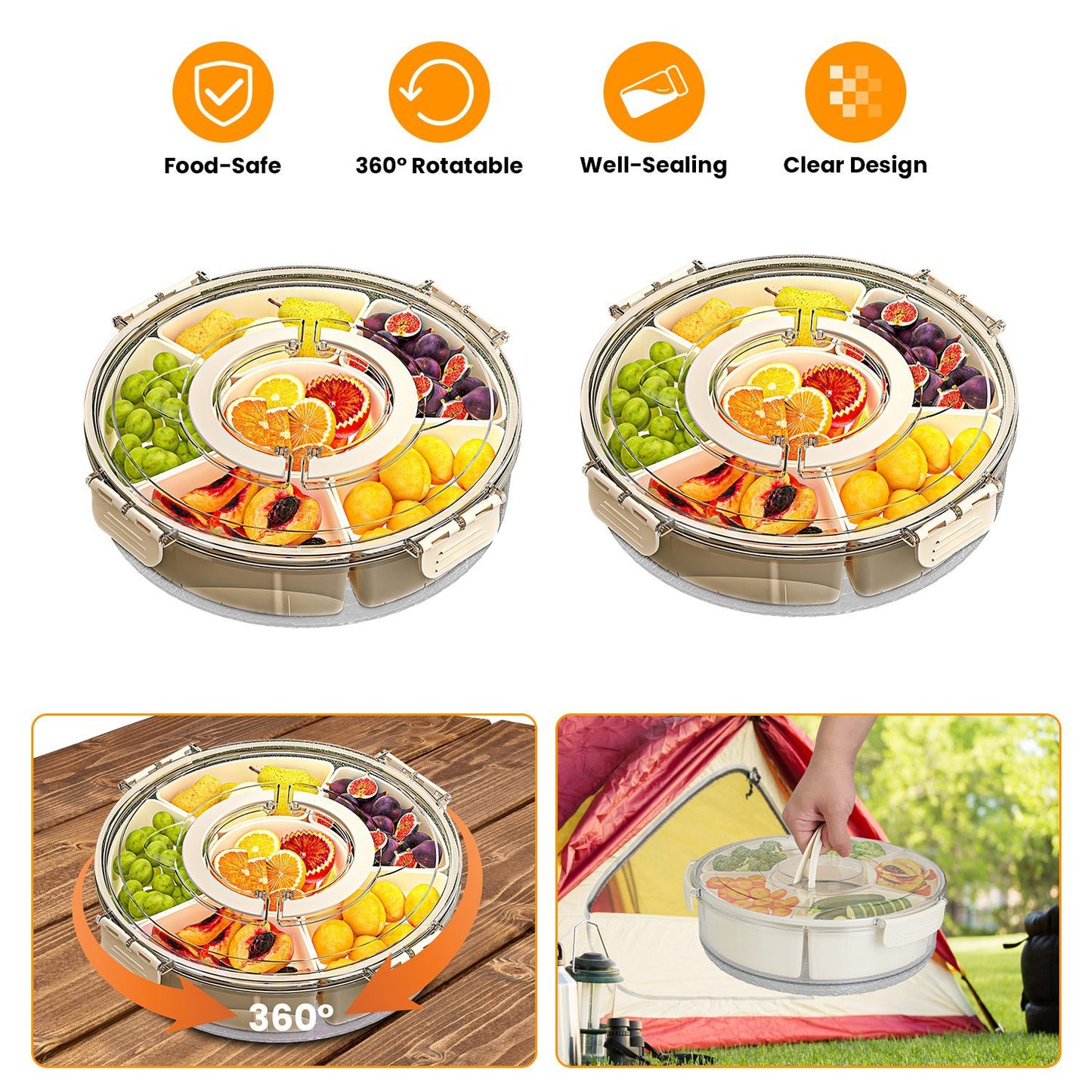 2Pcs Divided Serving Tray With Lid And Handle 360 Degree Rotatable Snack Box Container With 6 Dividers Clear Portable Snack Platters For Fruit Candy Nut Snack Perfect For Party Picnic S