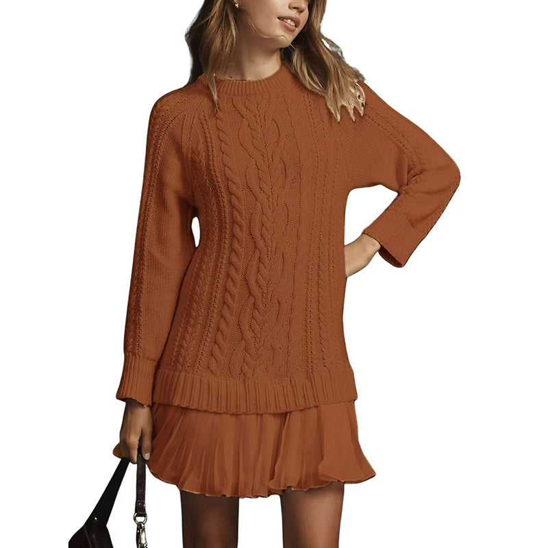 Women's Solid Color Cable Knit Sweater With Lace Hem, Round Neck Long Sleeve Top For Autumn And Winter