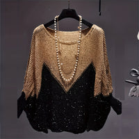 Women's Color-Block Batwing Sleeve Top, Loose Fit Round Neck Knit Sweater For Spring And Fall