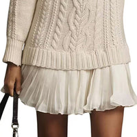 Women's Solid Color Cable Knit Sweater With Lace Hem, Round Neck Long Sleeve Top For Autumn And Winter