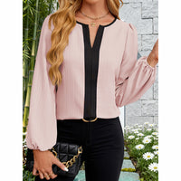 Women's Color Block Blouse, V-Neck Long Sleeve Work Shirt, Dressy Casual Business Tops For Fall
