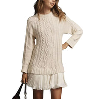 Women's Solid Color Cable Knit Sweater With Lace Hem, Round Neck Long Sleeve Top For Autumn And Winter