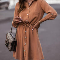 Women's Elegant Lapel Belted Shirt Dress, Long Sleeve Button-Down Tunic With Tie-Waist For Autumn And Winter