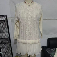 Women's Solid Color Cable Knit Sweater With Lace Hem, Round Neck Long Sleeve Top For Autumn And Winter