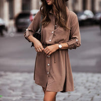 Women's Elegant Lapel Belted Shirt Dress, Long Sleeve Button-Down Tunic With Tie-Waist For Autumn And Winter