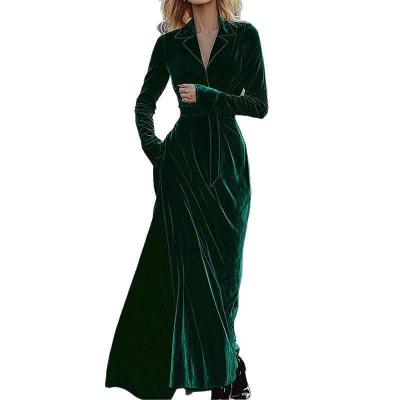 Women's Velvet Maxi Dress, Fall Long Sleeve Lapel V-Neck Casual Dress With Belt