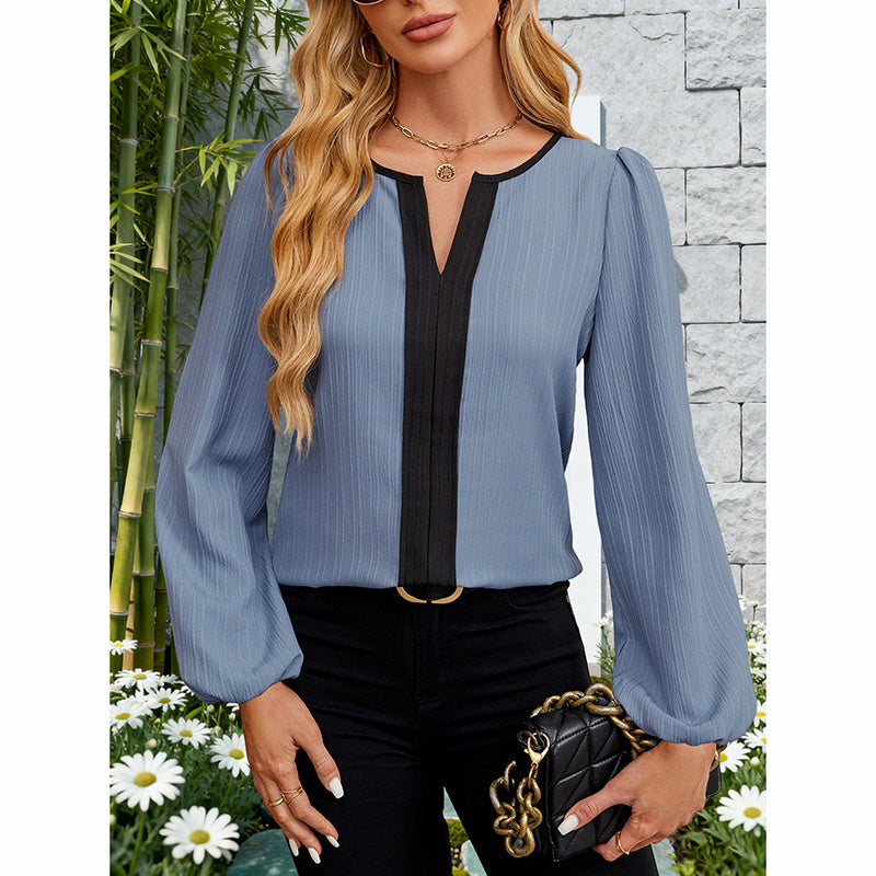 Women's Color Block Blouse, V-Neck Long Sleeve Work Shirt, Dressy Casual Business Tops For Fall