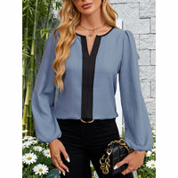 Women's Color Block Blouse, V-Neck Long Sleeve Work Shirt, Dressy Casual Business Tops For Fall
