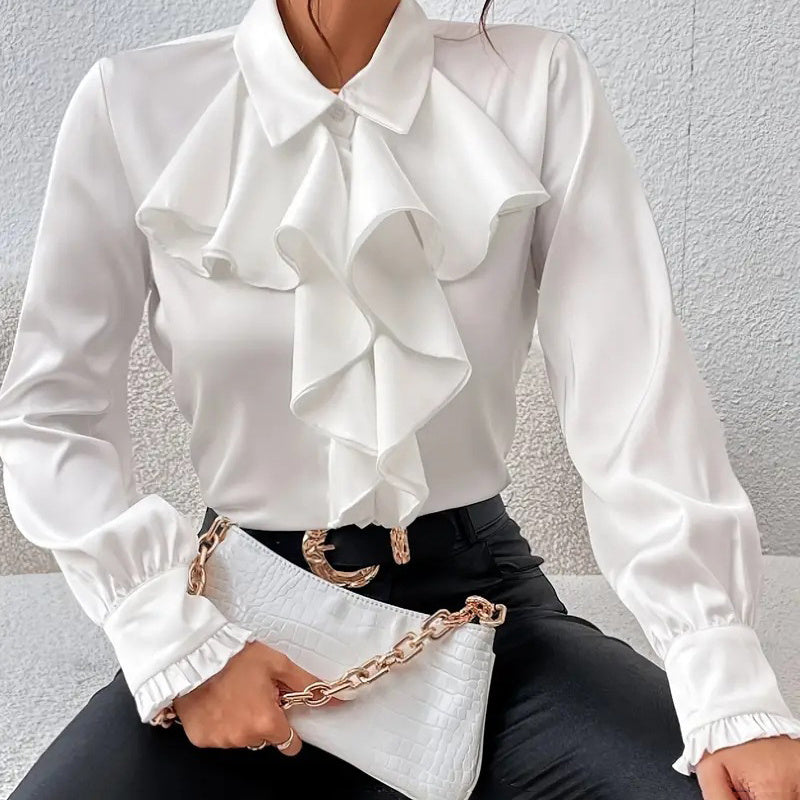 Women's Ruffled Collared Blouse, Long Sleeve Dressy Casual Shirt, Fall Business Casual Work Tops