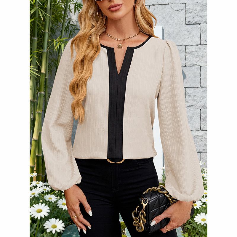 Women's Color Block Blouse, V-Neck Long Sleeve Work Shirt, Dressy Casual Business Tops For Fall