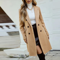 Women's Solid Color Double-Breasted Wool-Like Coat Notch Lapel Long Sleeve Mid-Length Overcoat With Pockets