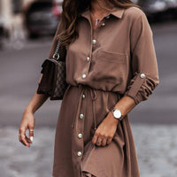 Women's Elegant Lapel Belted Shirt Dress, Long Sleeve Button-Down Tunic With Tie-Waist For Autumn And Winter