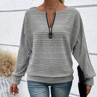 Women's Elegant Batwing Sleeve Half-Zip Top, Ribbed Texture Pullover For Casual To Formal Autumn Winter Wear