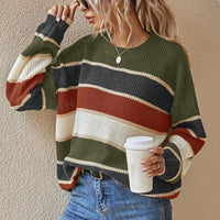 Women's 2025 Striped Color Block Sweater, Cute Crewneck Pullover Top, Fall Winter Fashion Knitwear