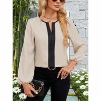Women's Color Block Blouse, V-Neck Long Sleeve Work Shirt, Dressy Casual Business Tops For Fall