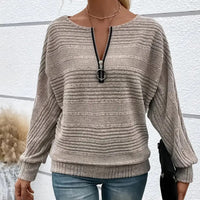 Women's Elegant Batwing Sleeve Half-Zip Top, Ribbed Texture Pullover For Casual To Formal Autumn Winter Wear