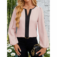 Women's Color Block Blouse, V-Neck Long Sleeve Work Shirt, Dressy Casual Business Tops For Fall