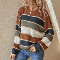 Women's 2025 Striped Color Block Sweater, Cute Crewneck Pullover Top, Fall Winter Fashion Knitwear