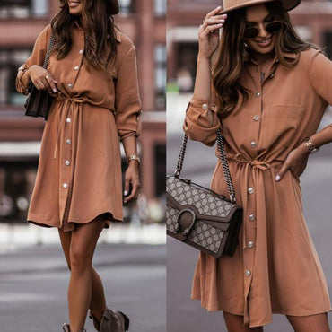 Women's Elegant Lapel Belted Shirt Dress, Long Sleeve Button-Down Tunic With Tie-Waist For Autumn And Winter