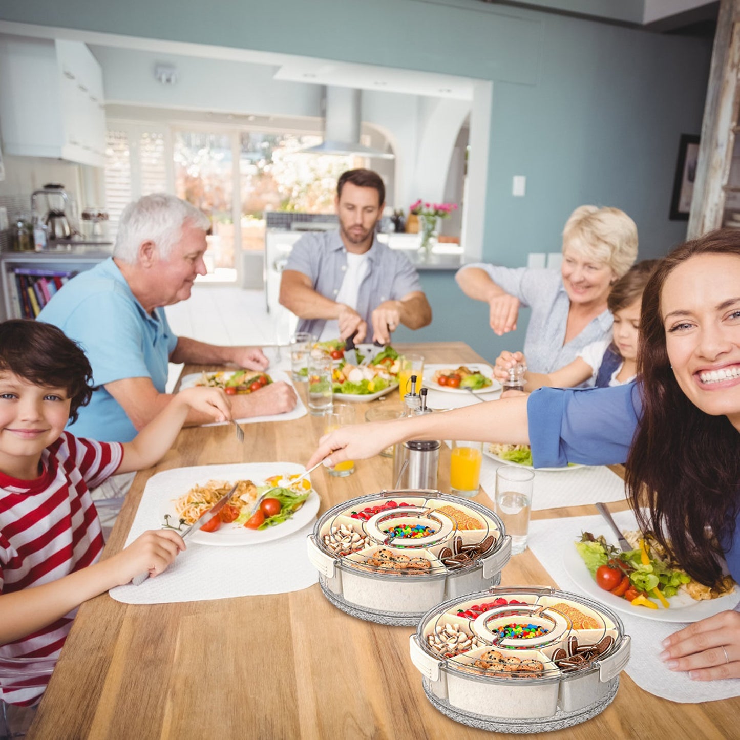 2Pcs Divided Serving Tray With Lid And Handle 360 Degree Rotatable Snack Box Container With 6 Dividers Clear Portable Snack Platters For Fruit Candy Nut Snack Perfect For Party Picnic S