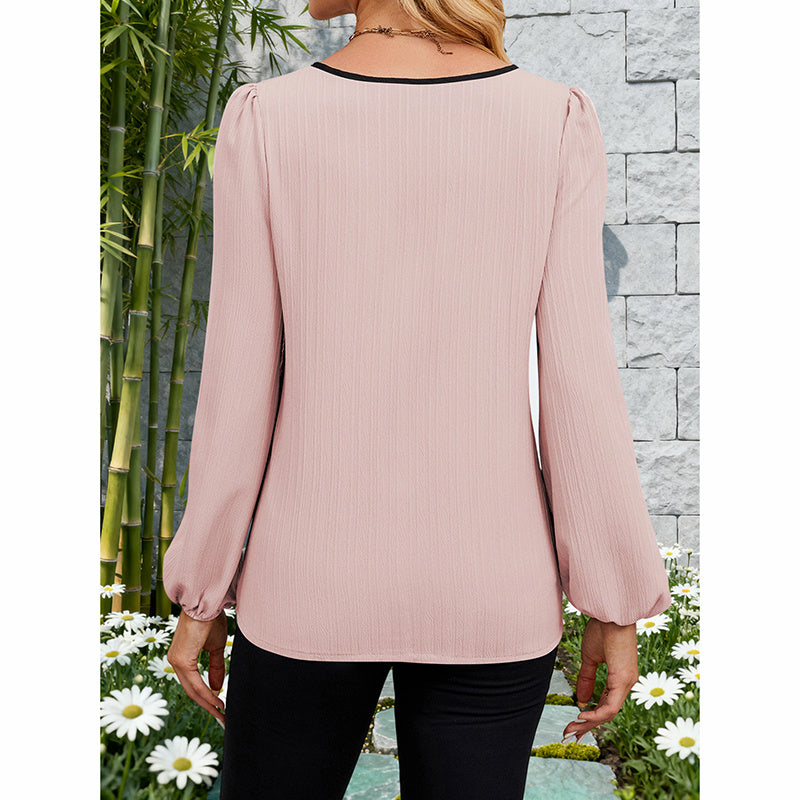 Women's Color Block Blouse, V-Neck Long Sleeve Work Shirt, Dressy Casual Business Tops For Fall