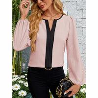 Women's Color Block Blouse, V-Neck Long Sleeve Work Shirt, Dressy Casual Business Tops For Fall