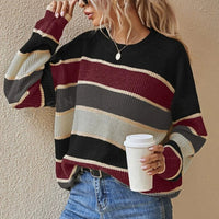 Women's 2025 Striped Color Block Sweater, Cute Crewneck Pullover Top, Fall Winter Fashion Knitwear