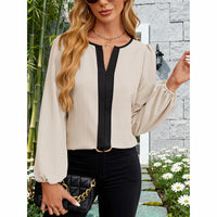 Women's Color Block Blouse, V-Neck Long Sleeve Work Shirt, Dressy Casual Business Tops For Fall