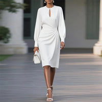 Women's Solid Color Ruffle Sleeve Bodycon Dress, Round Neck With Slit Detail Midi Dress For Spring And Summer